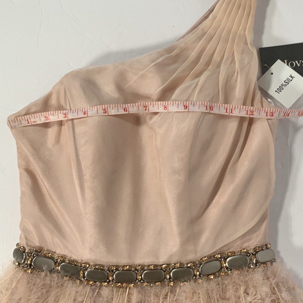 Jovani Asymmetrical Feathered Mini Dress in Cream and Brown - Picture 8 of 12